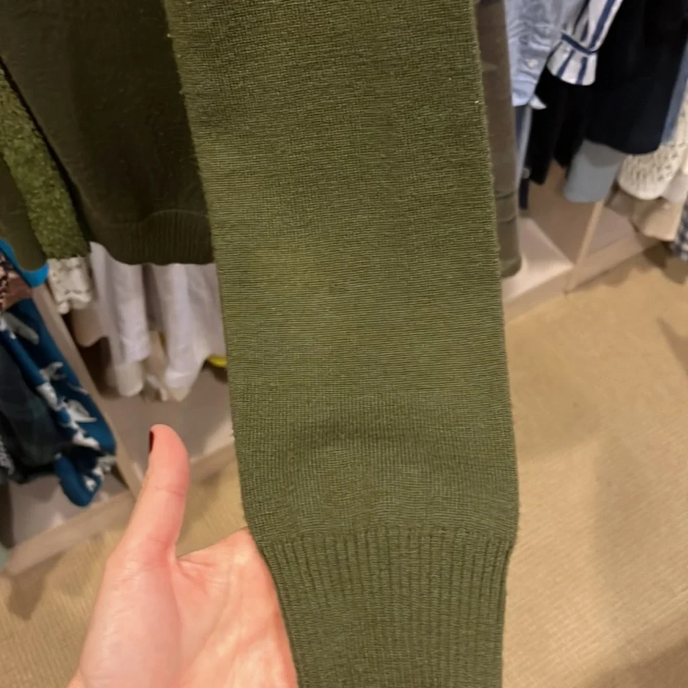 🪲 RARE J Crew Harlow shamrock sequin trim moss green cardigan M merino wool  ☘️ - Picture 7 of 9